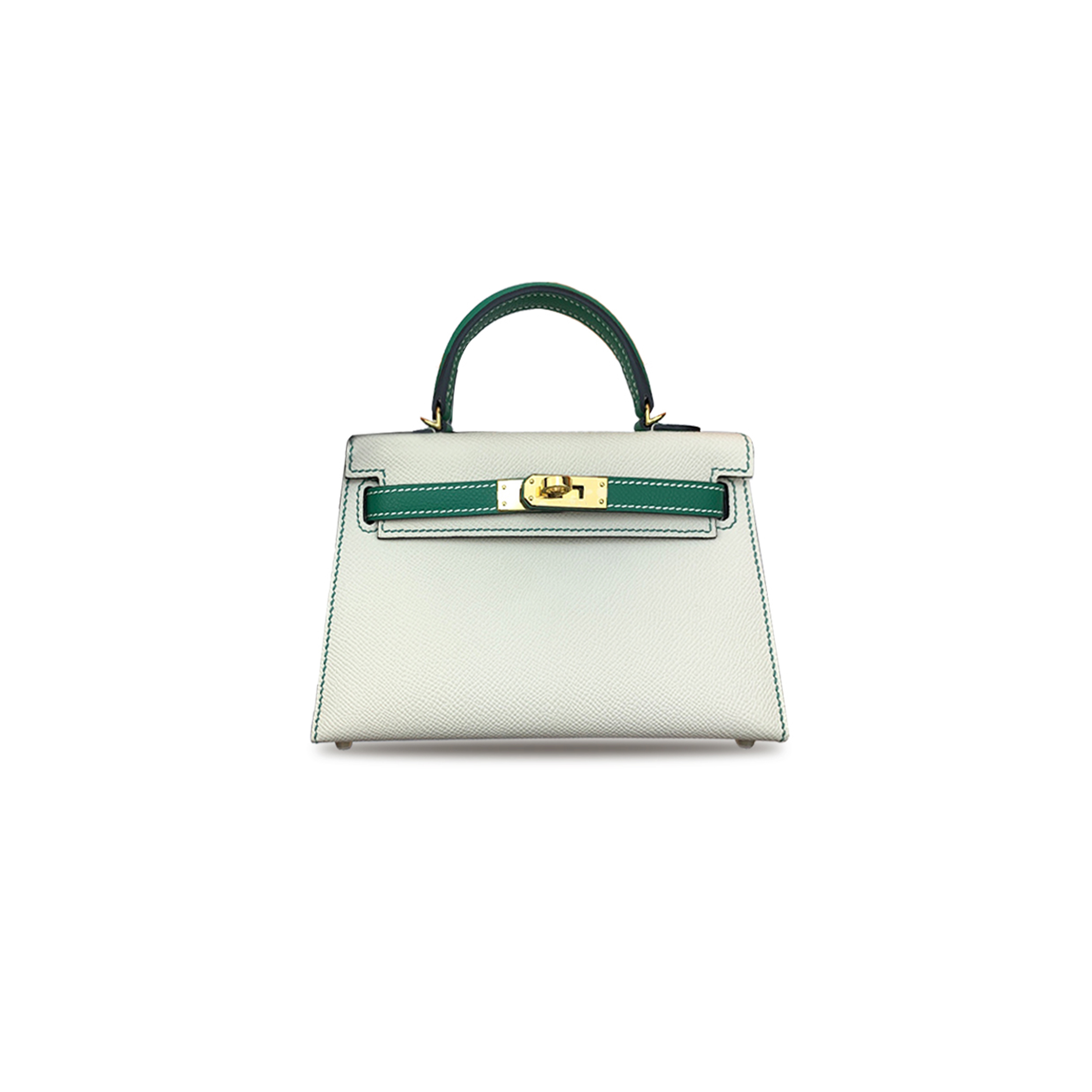 HERMÈS MASTER MINI KELLY II EPSOM MILKSHAKE WHITE WITH MALACHITE GREEN GOLD BUCKLE (19*12*5.5cm) 